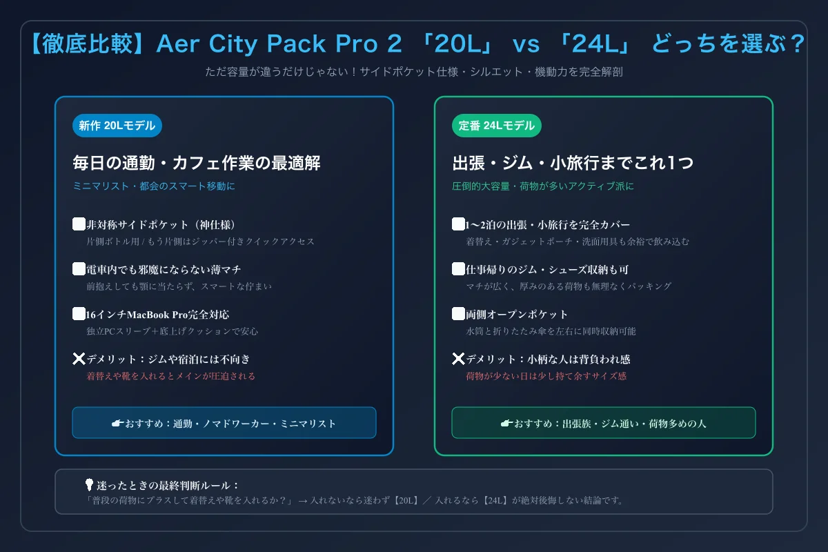 Aer City Pack Pro 2 20L vs 24L徹底比較インフォグラフィック