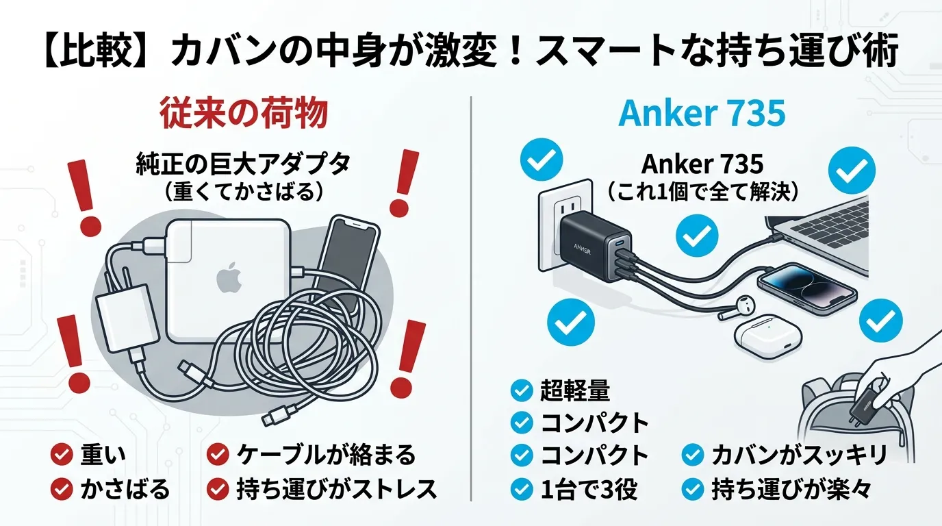 純正の巨大アダプタ群とAnker 735の荷物比較