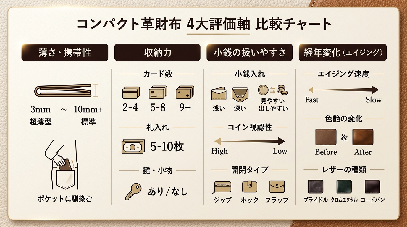 コンパクト革財布 4大評価軸 比較チャート