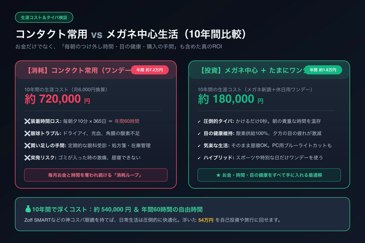 コンタクト常用 vs メガネ中心生活 10年間コスト・タイパ徹底比較