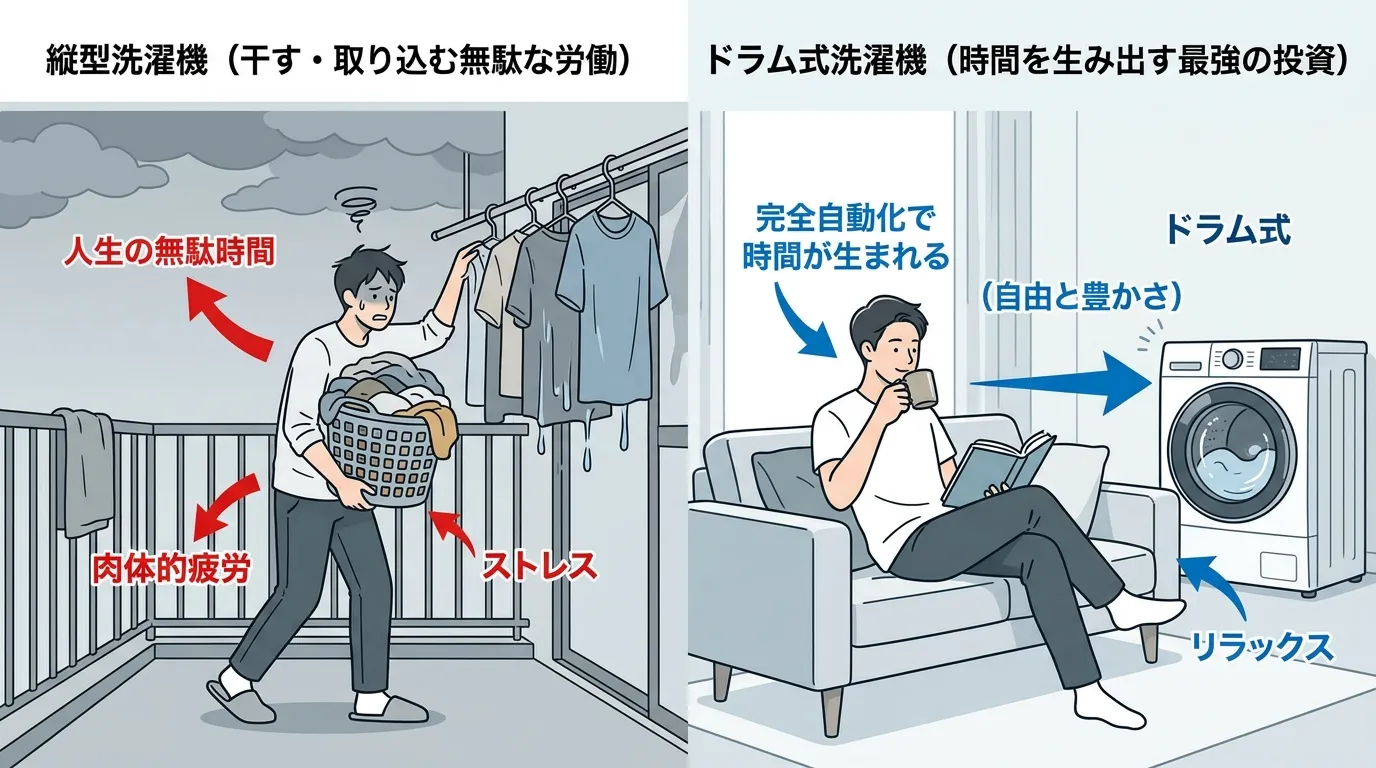 縦型洗濯機の無駄時間とドラム式洗濯機の自由時間の比較