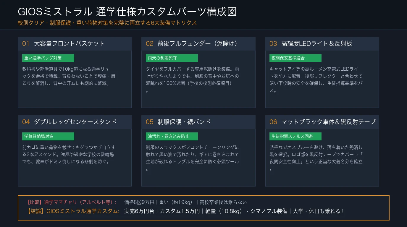GIOSミストラル 通学仕様カスタムパーツ構成図