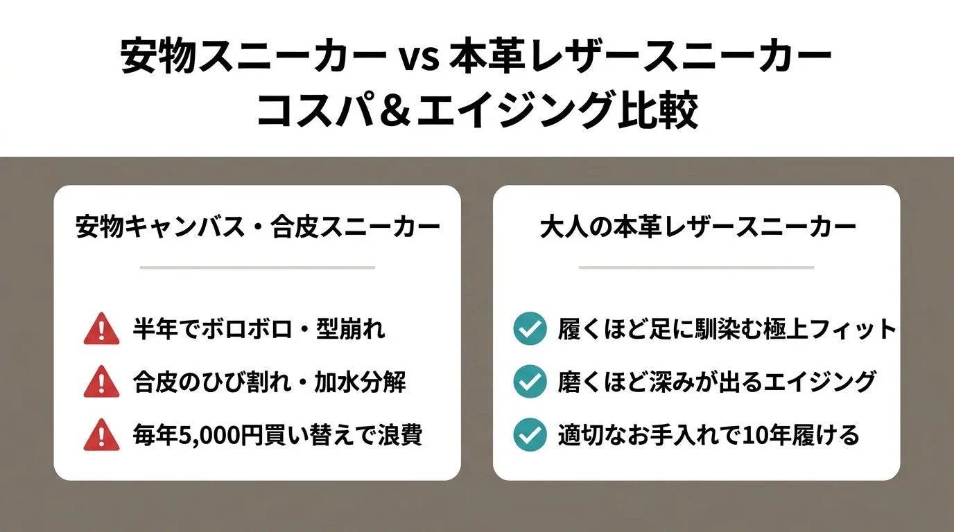 安物スニーカー vs 本革レザースニーカー コスパ＆エイジング比較