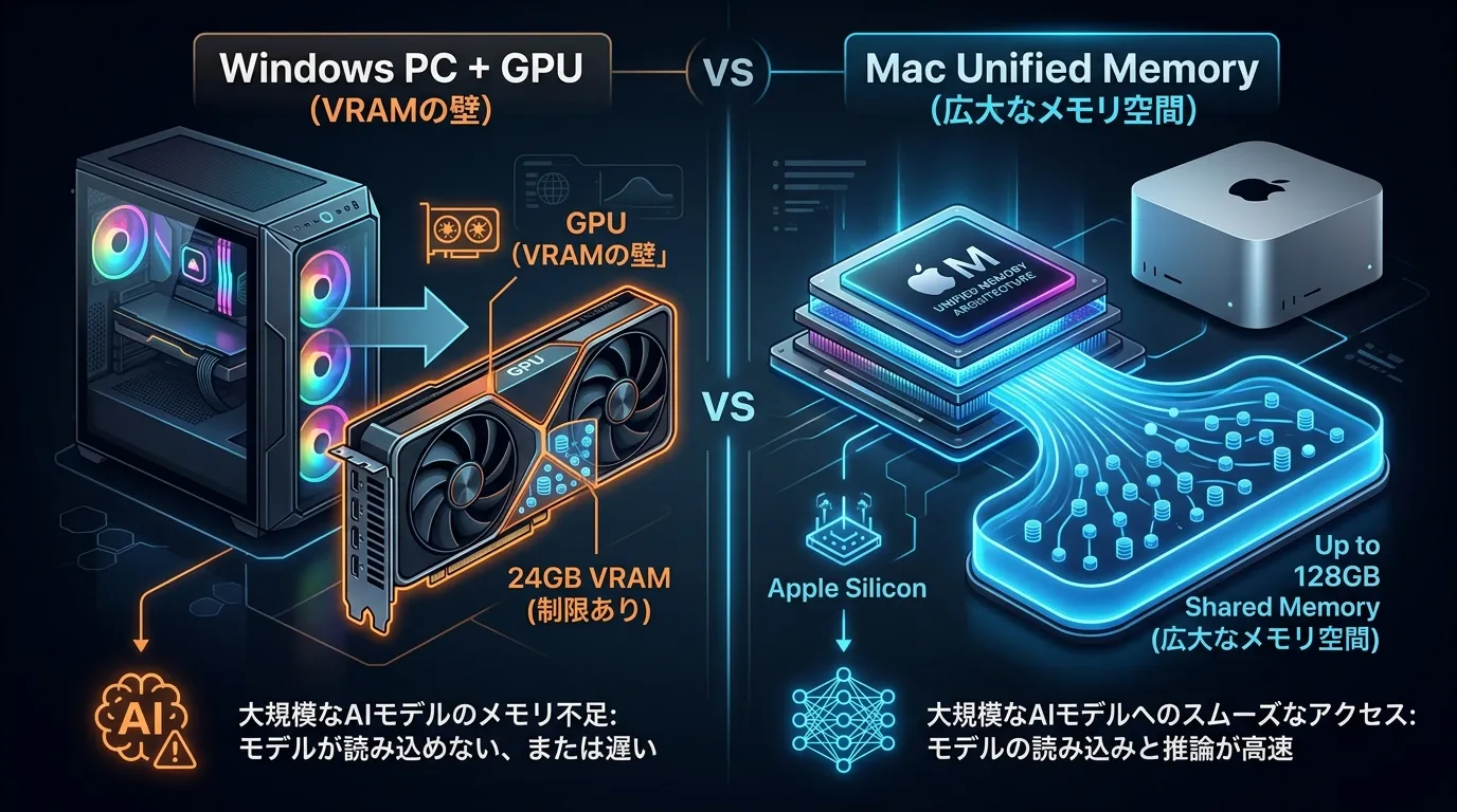 Windows GPUのVRAMとMacのユニファイドメモリの比較図解