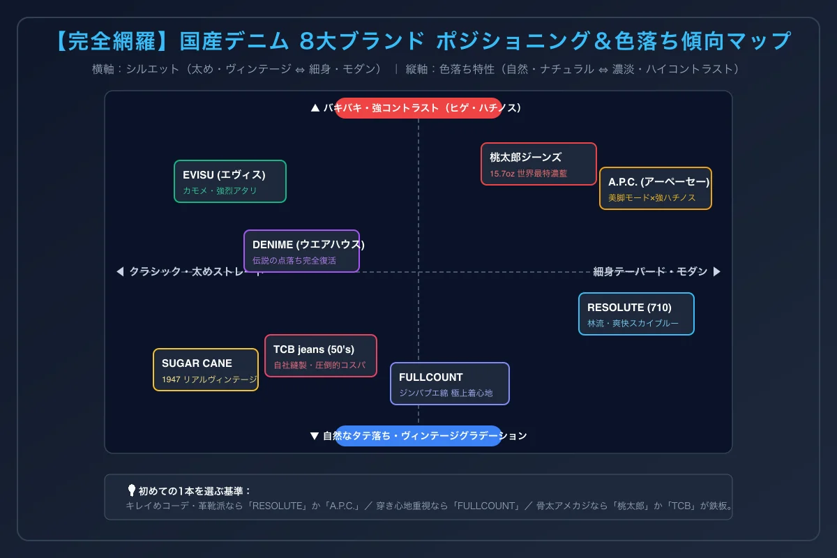 国産デニム8大ブランドのポジショニング＆色落ち傾向マップ