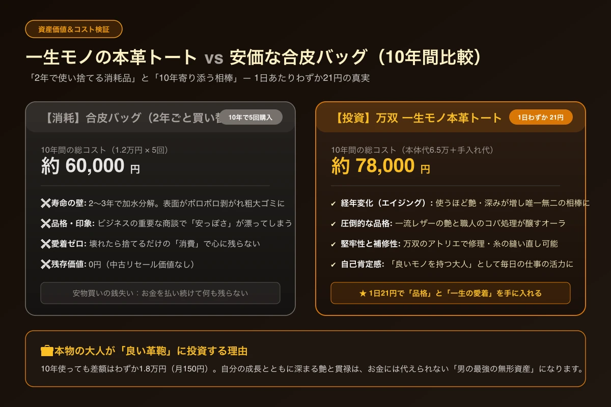 万双 本革トート 10年間の投資対効果・日割りコスト計算