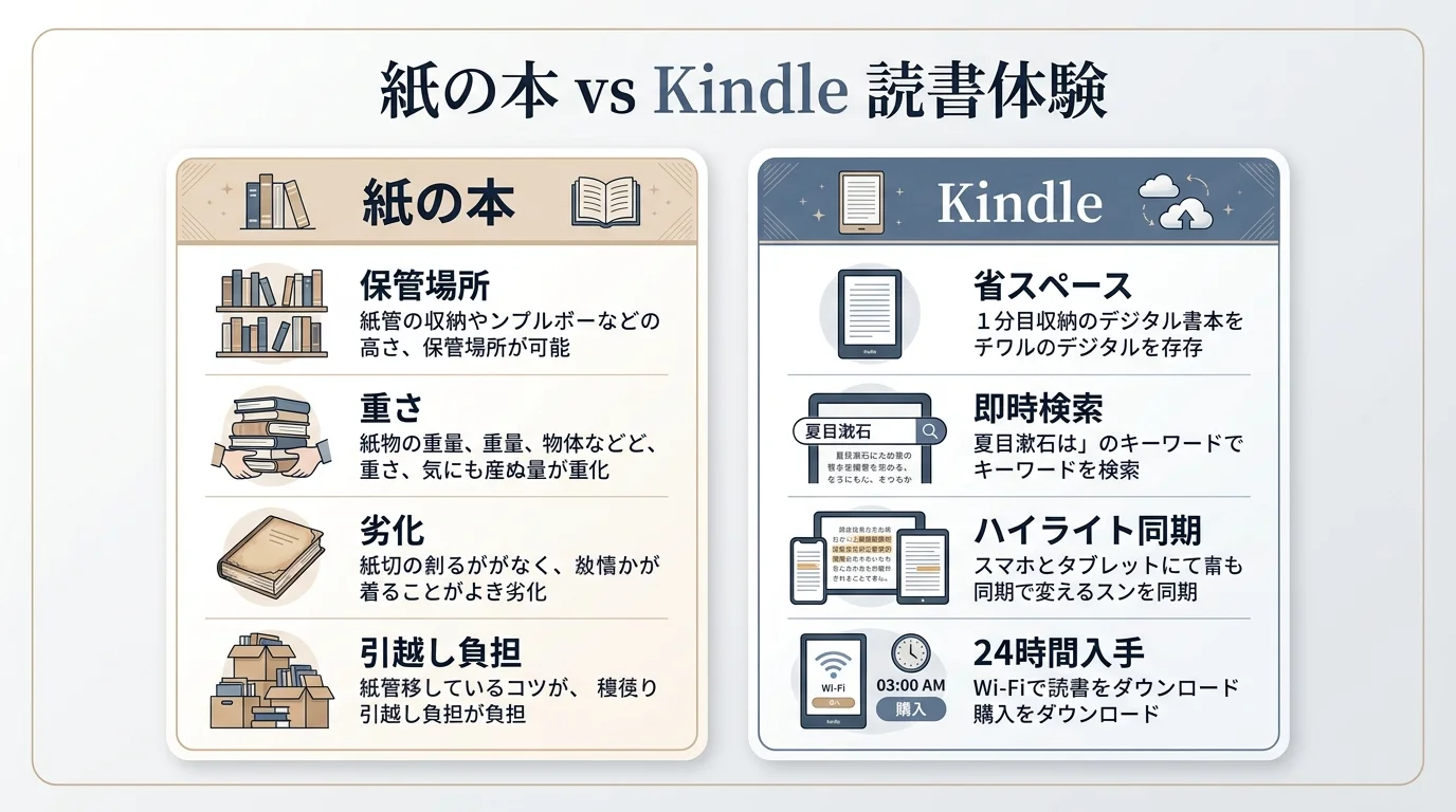 紙の本とKindle電子書籍の比較インフォグラフィック