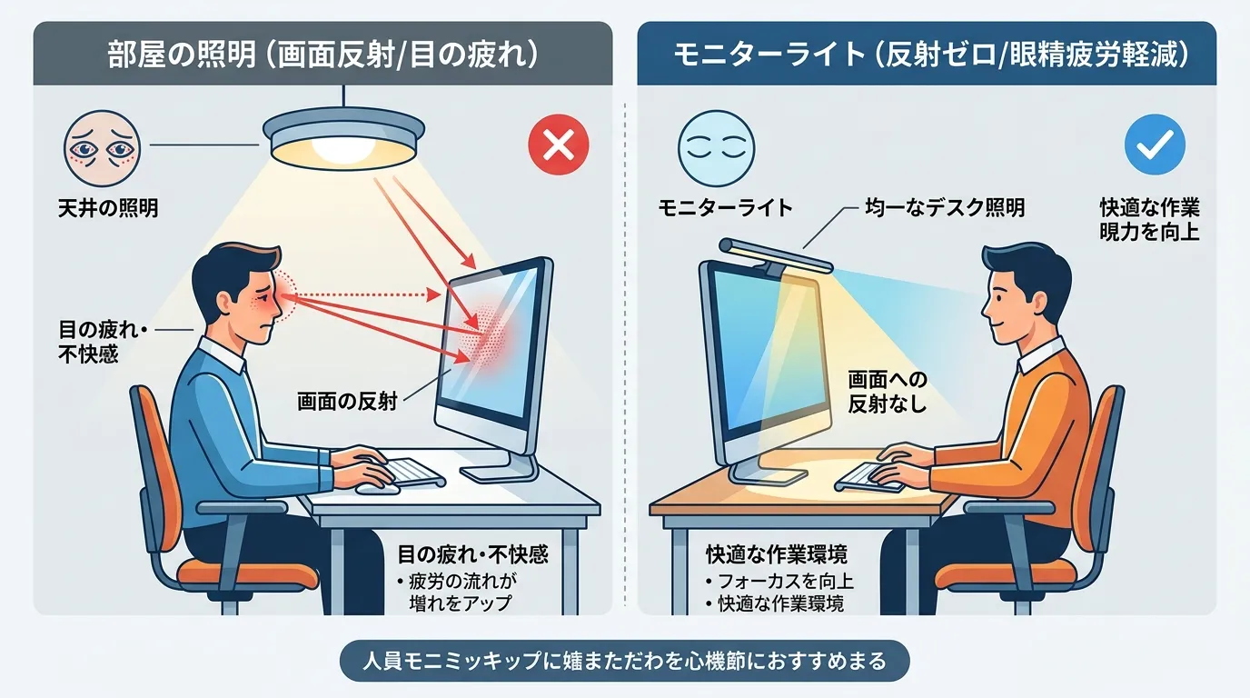 部屋の照明の反射とモニターライトの比較図解
