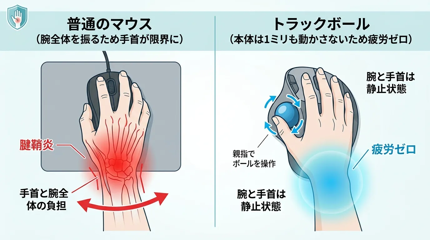 普通のマウスとトラックボールの疲労度の違いを図解