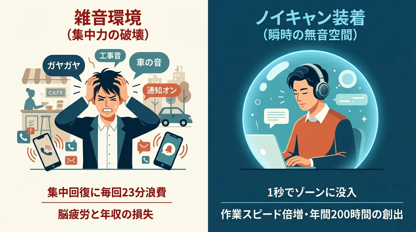雑音環境による集中力破壊とノイズキャンセリングによるゾーン没入の比較インフォグラフィック