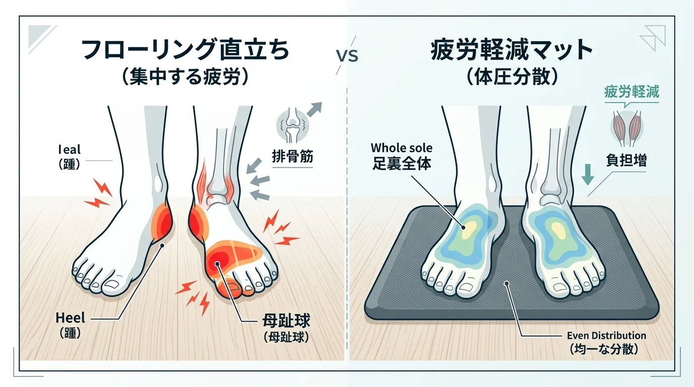 フローリング直立ちと疲労軽減マットの体圧分散の違い