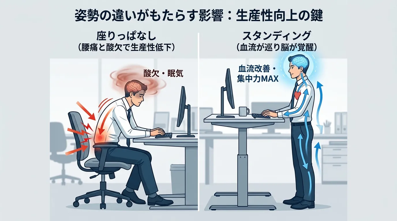 座りっぱなしの酸欠状態とスタンディングの血流覚醒の比較