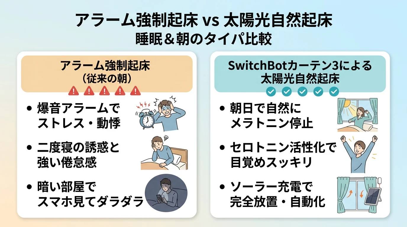 アラーム強制起床 vs 太陽光自然起床 睡眠＆朝のタイパ比較