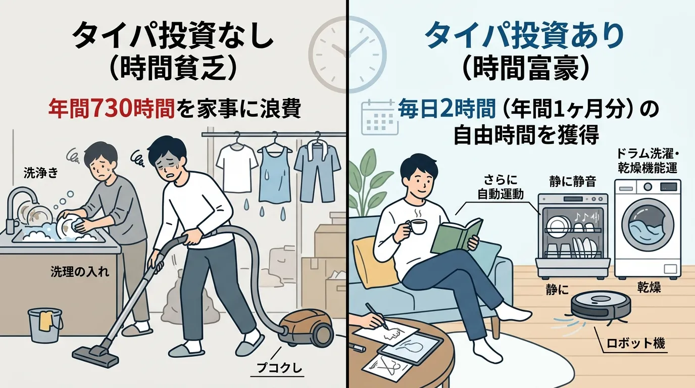 タイパ投資なしとタイパ投資ありの年間時間比較インフォグラフィック