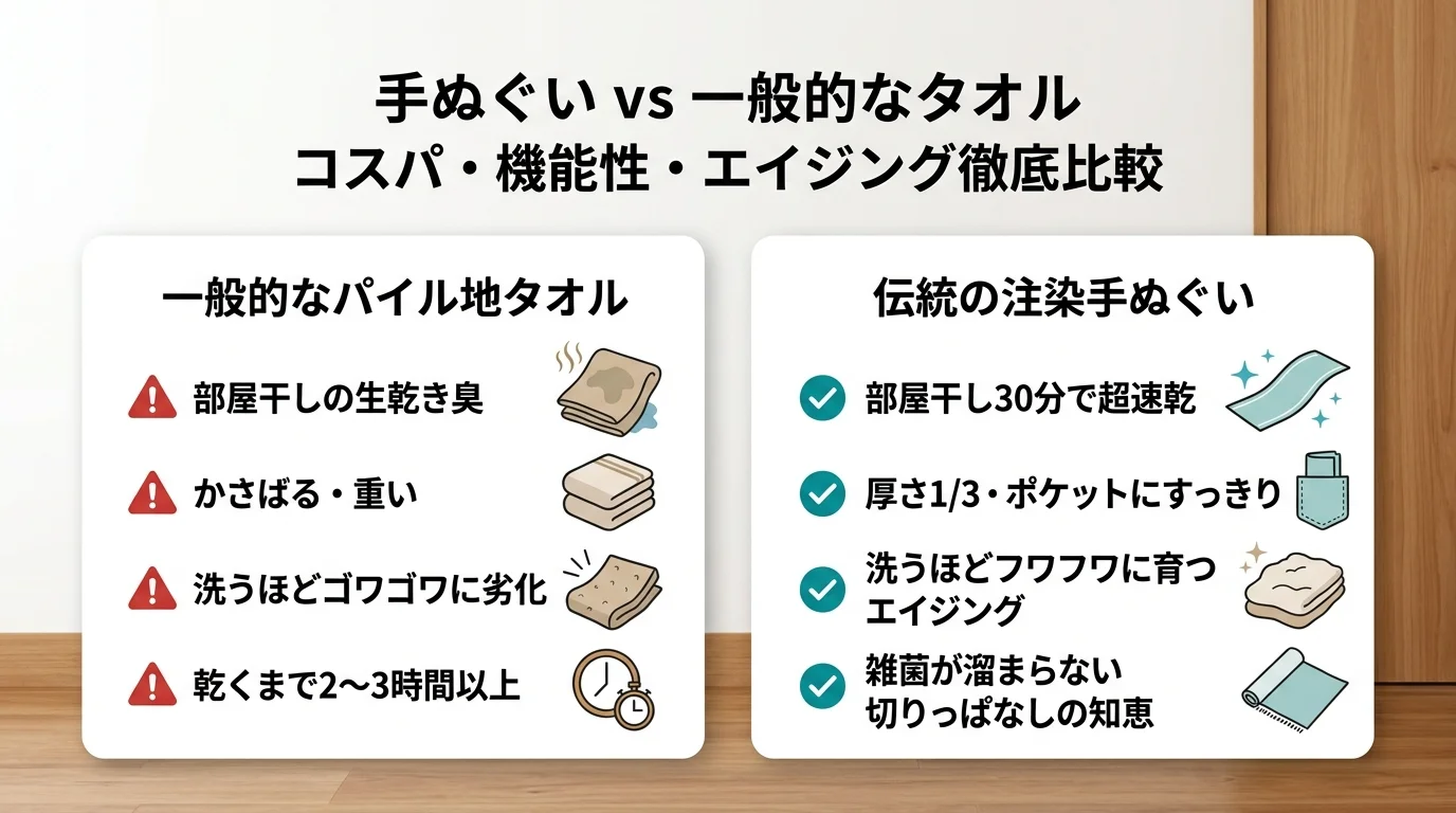 手ぬぐい vs 一般的なタオル コスパ・機能性・エイジング徹底比較