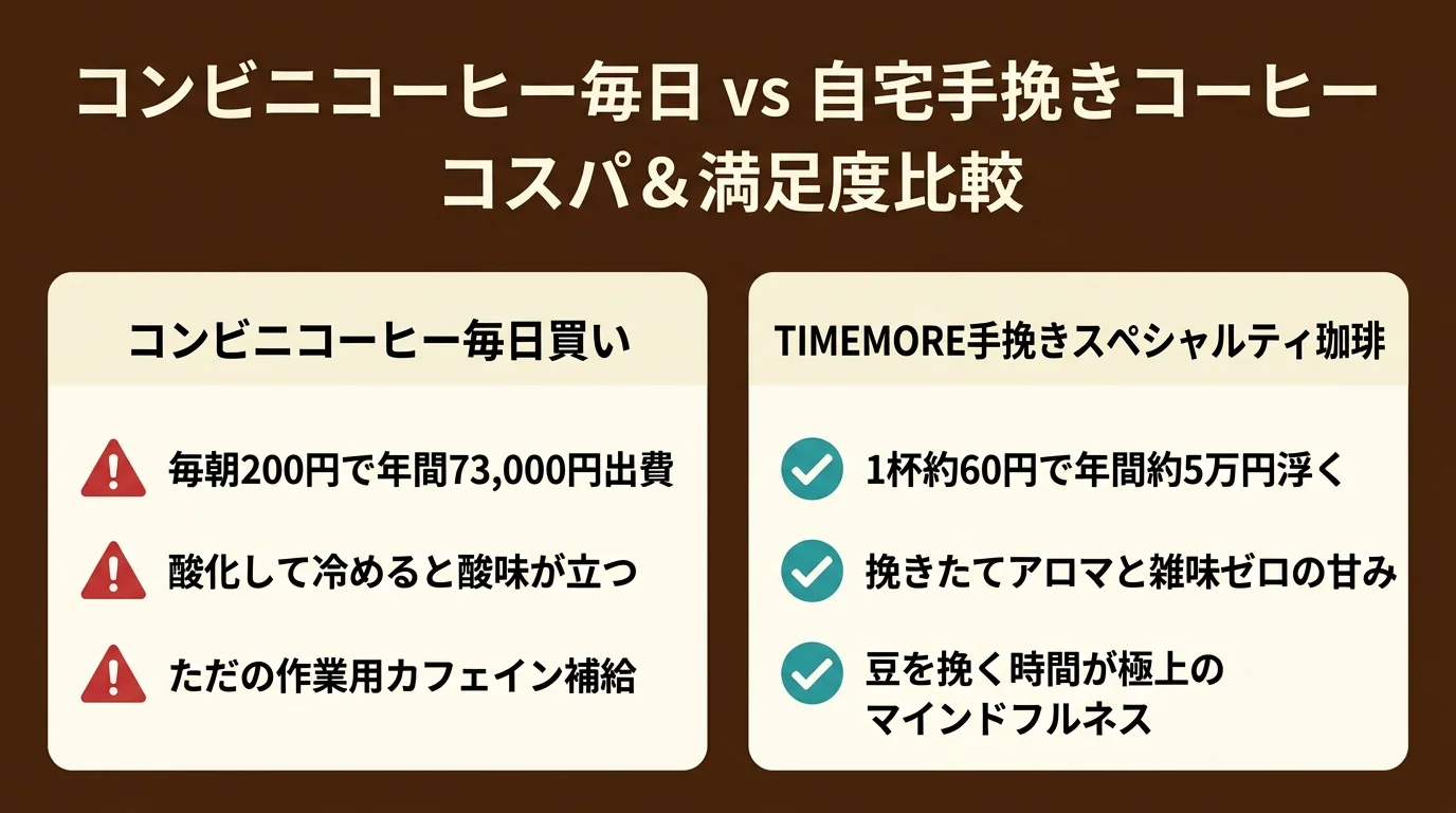 コンビニコーヒー毎日 vs 自宅手挽きコーヒー コスパ＆満足度比較