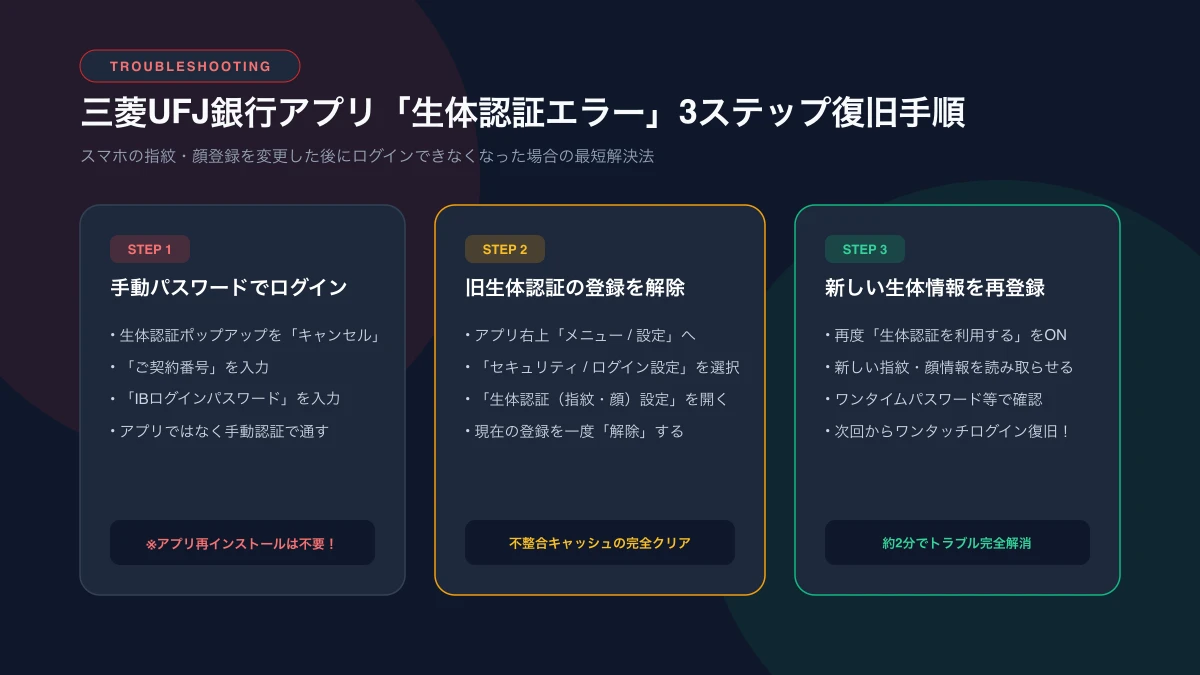 三菱UFJ銀行アプリ「生体認証エラー」3ステップ復旧手順
