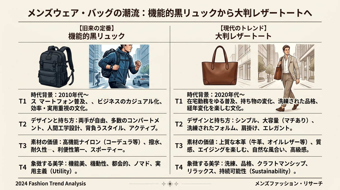 メンズウェア・バッグの潮流：機能的黒リュックから大判レザートートへ