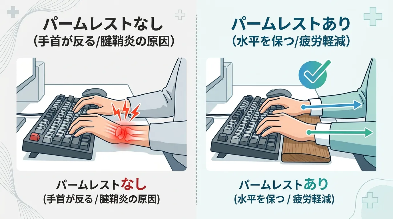 パームレストなしとパームレストありのエルゴノミクス比較図解